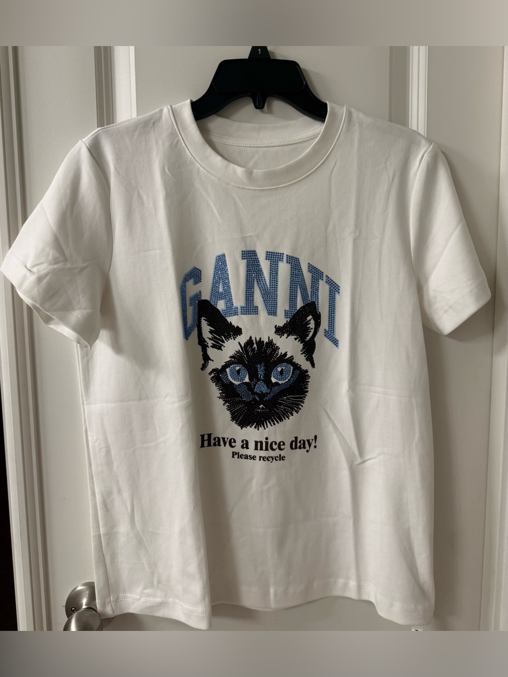 Ganni White Short-Sleeve Tee with Blue & Black Cat Graphic
